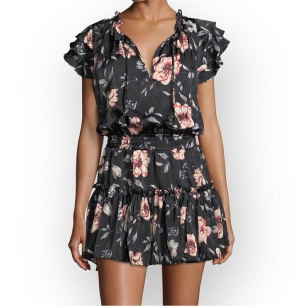Misa Los Angeles Cecile Split-Neck Floral-Printed Satin Dress, Size S